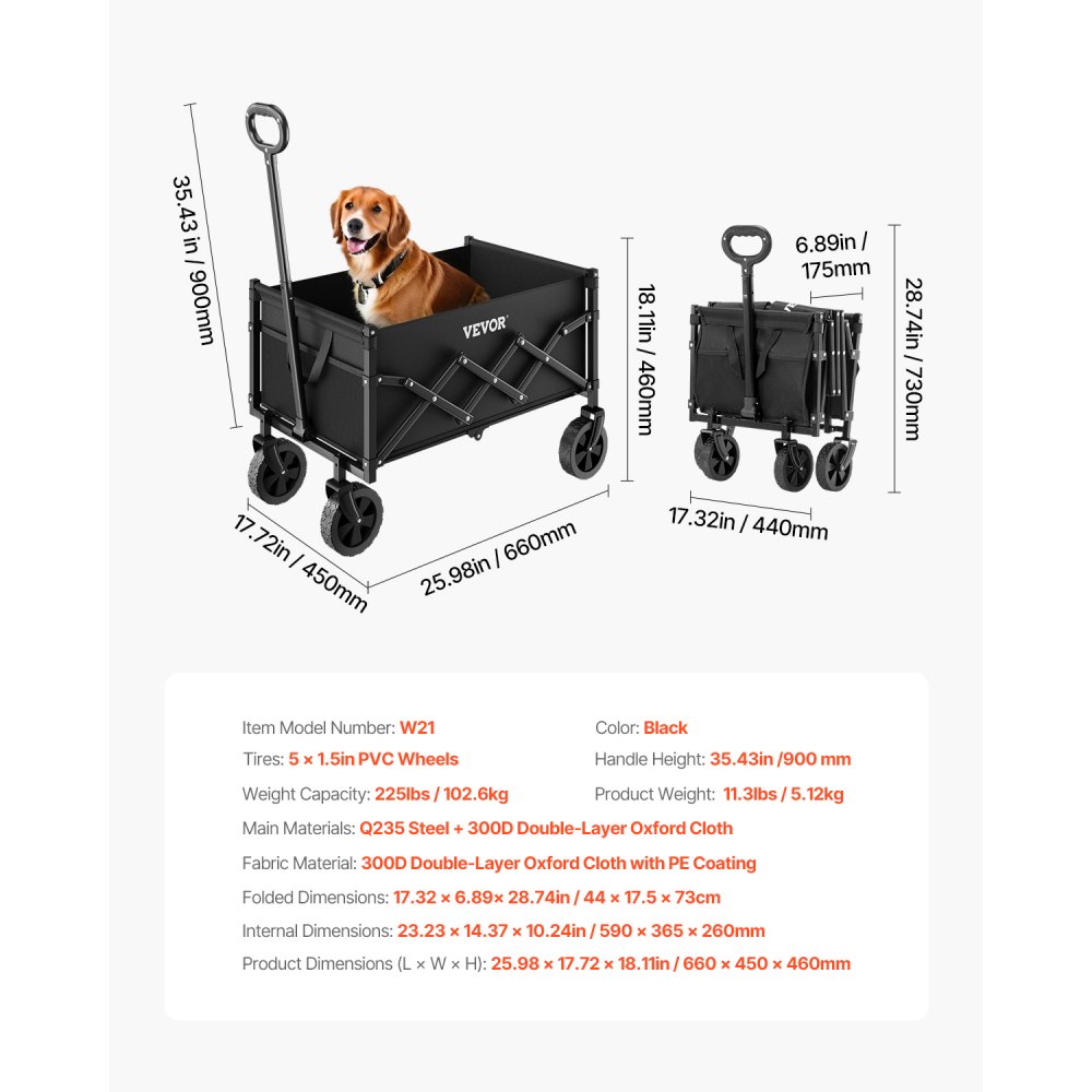 VEVOR Folding Wagon 66x45x46 cm, 102 kg Capacity, Foldable Transport Wagon with All-Terrain Wheels, Outdoor All-Purpose Wagon with Adjustable Handle, Camping Wagon for Beach, Grocery Store, Garden, Black