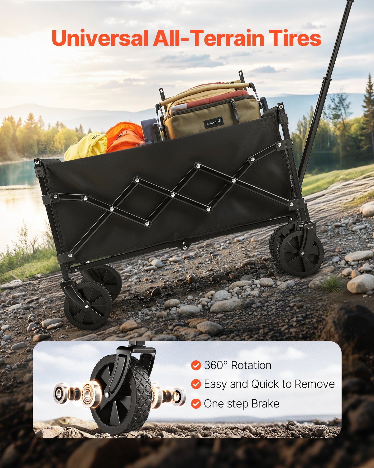 VEVOR Folding Wagon 66x45x46 cm, 102 kg Capacity, Foldable Transport Wagon with All-Terrain Wheels, Outdoor All-Purpose Wagon with Adjustable Handle, Camping Wagon for Beach, Grocery Store, Garden, Black