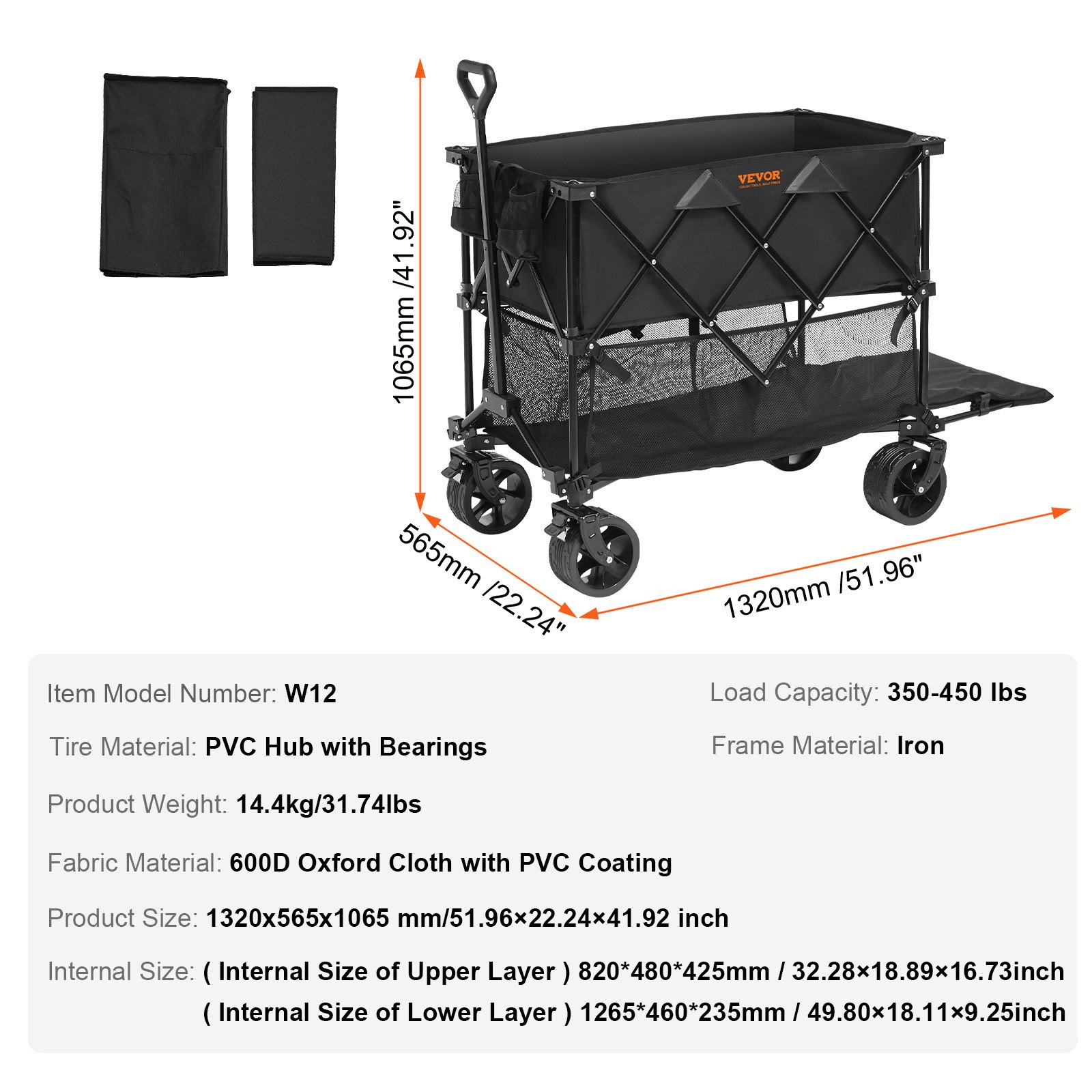 VEVOR Bollerwagen 1320 x 565 x 1065 mm Kinderwagen aus 600D Oxford-Stoff mit PVC-Beschichtung Strandwagen wasserdicht, UV-beständig max. 204 kg Tragfähigkeit Transportkarre Gerätewagen Handwagen