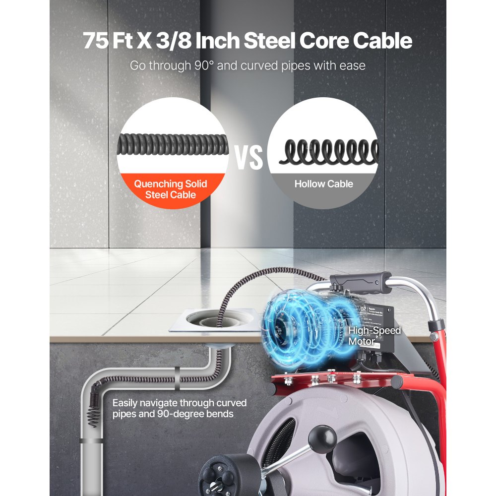 VEVOR Rohrreinigungsmaschine 22 m x 9,5 mm, Rohrreinigungsgerät mit Automatischem Vorschub, 8 Schneidwerkzeugen & Pneumatischem Fußschalter, Rohrreiniger für Rohrdurchmesser von 50 bis 100 mm