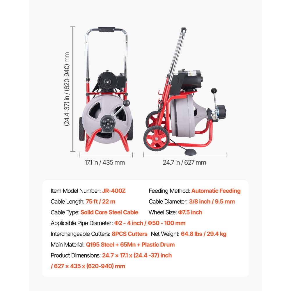 VEVOR Rohrreinigungsmaschine 22 m x 9,5 mm, Rohrreinigungsgerät mit Automatischem Vorschub, 8 Schneidwerkzeugen & Pneumatischem Fußschalter, Rohrreiniger für Rohrdurchmesser von 50 bis 100 mm