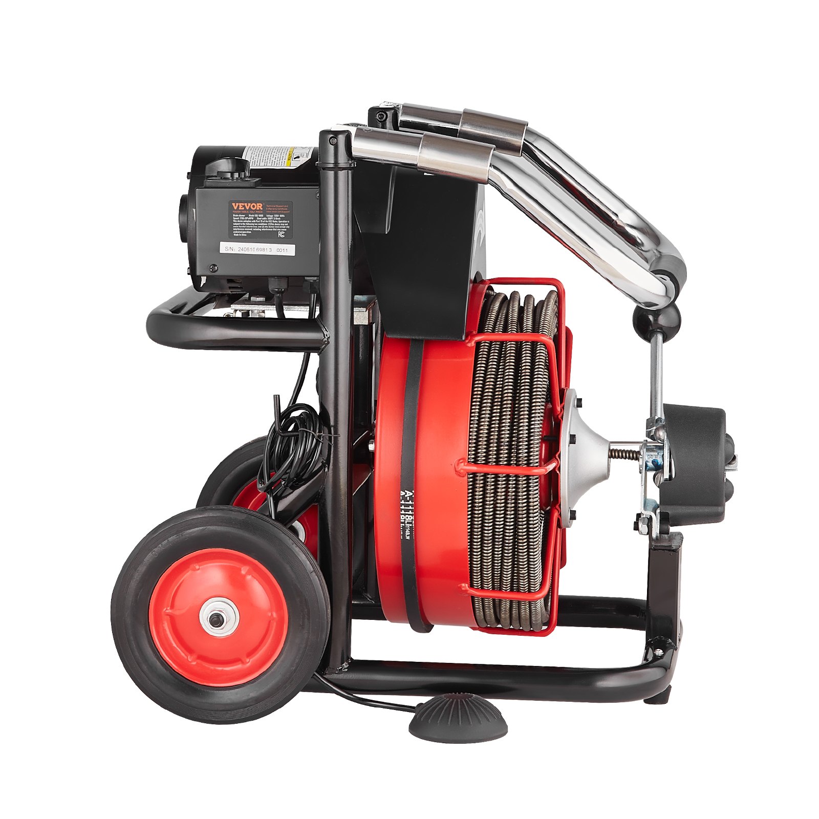 VEVOR Pipe Cleaning Machine 100 ft x 3/8 in, Automatic Pipe Cleaning Spiral on Wheels, 370W Portable Pipe Cleaning Machine with 8 Cutters and Air Activated Foot Switch for 2 to 4 Inch Pipes