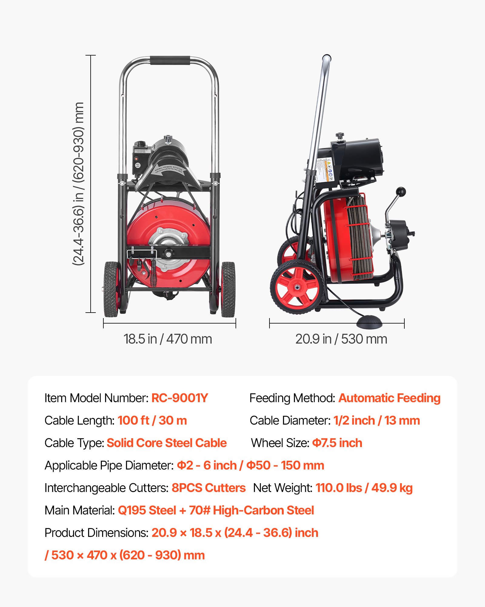 VEVOR Drain Cleaner Machine 30m x 13mm, Auto Feed Sewer Snake Auger on Wheels - with 8 Cutters & Air-Activated Foot Switch for 50mm to 150mm Pipes