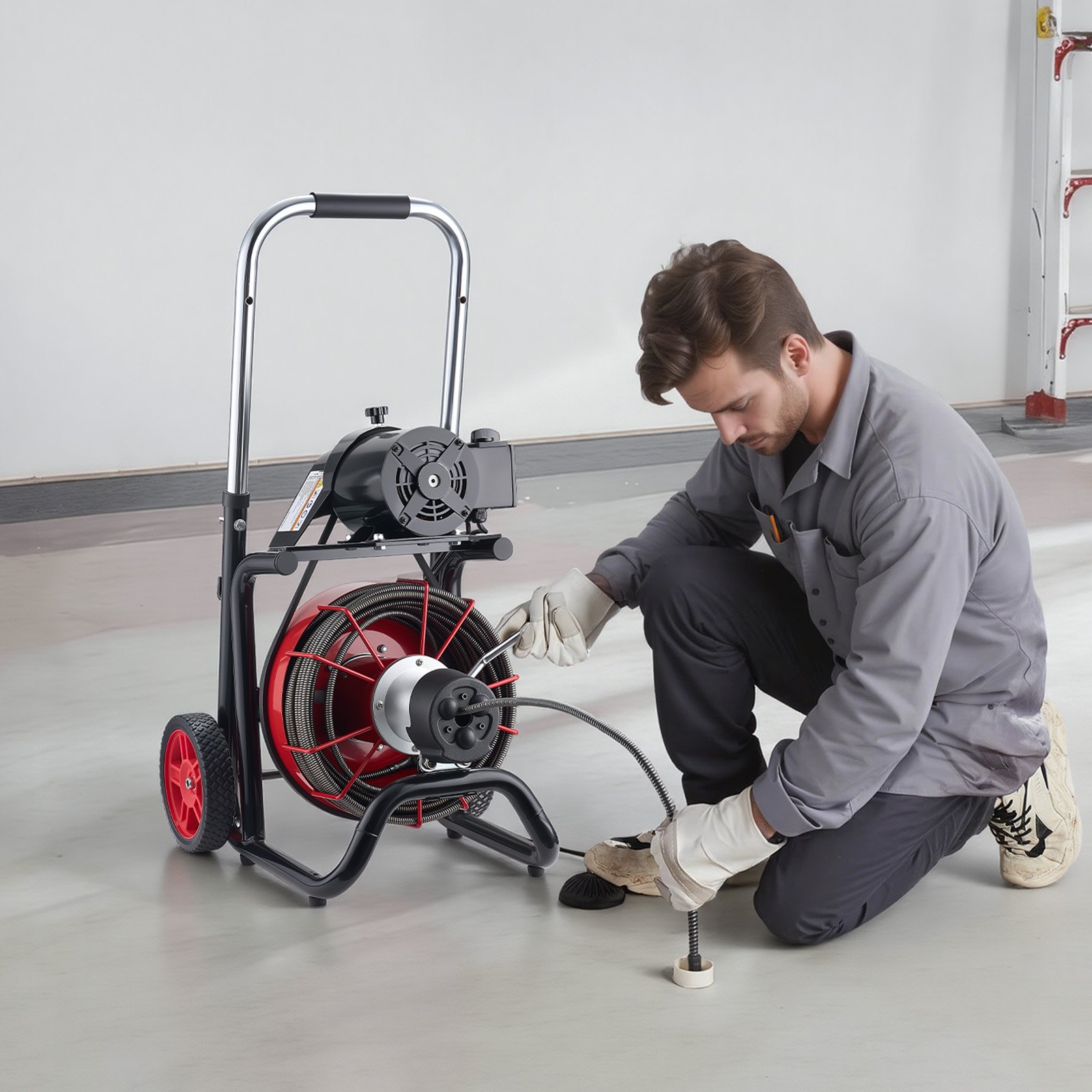 VEVOR Drain Cleaner Machine 30m x 13mm, Auto Feed Sewer Snake Auger on Wheels - with 8 Cutters & Air-Activated Foot Switch for 50mm to 150mm Pipes