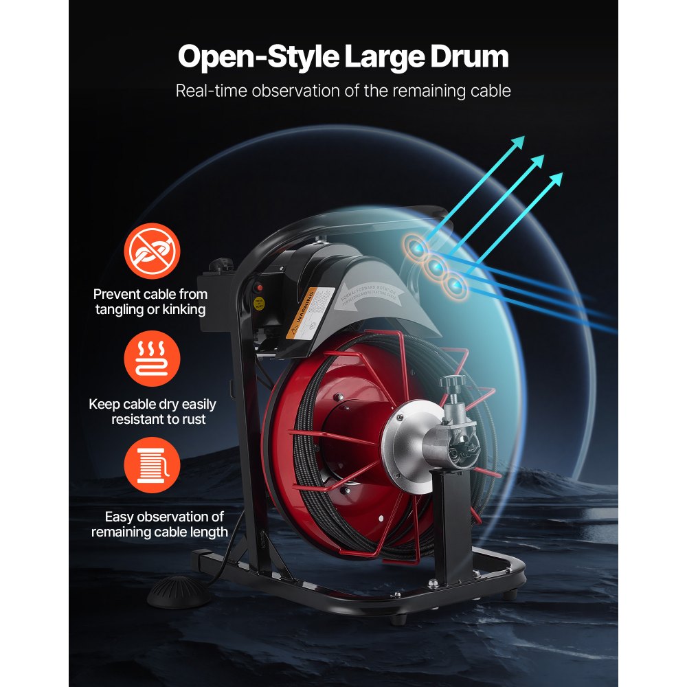 VEVOR Rohrreinigungsmaschine φ8 mm x 15 m, Reinigungsspirale mit Automatischer Zufuhr, 4 Schneidmessern & pneumatischem Fußschalter, Rohrreiniger für Rohre von 50 bis 100 mm, Rohrreinigungsgerät