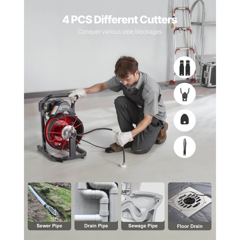 VEVOR Rohrreinigungsmaschine φ8 mm x 15 m, Reinigungsspirale mit Automatischer Zufuhr, 4 Schneidmessern & pneumatischem Fußschalter, Rohrreiniger für Rohre von 50 bis 100 mm, Rohrreinigungsgerät