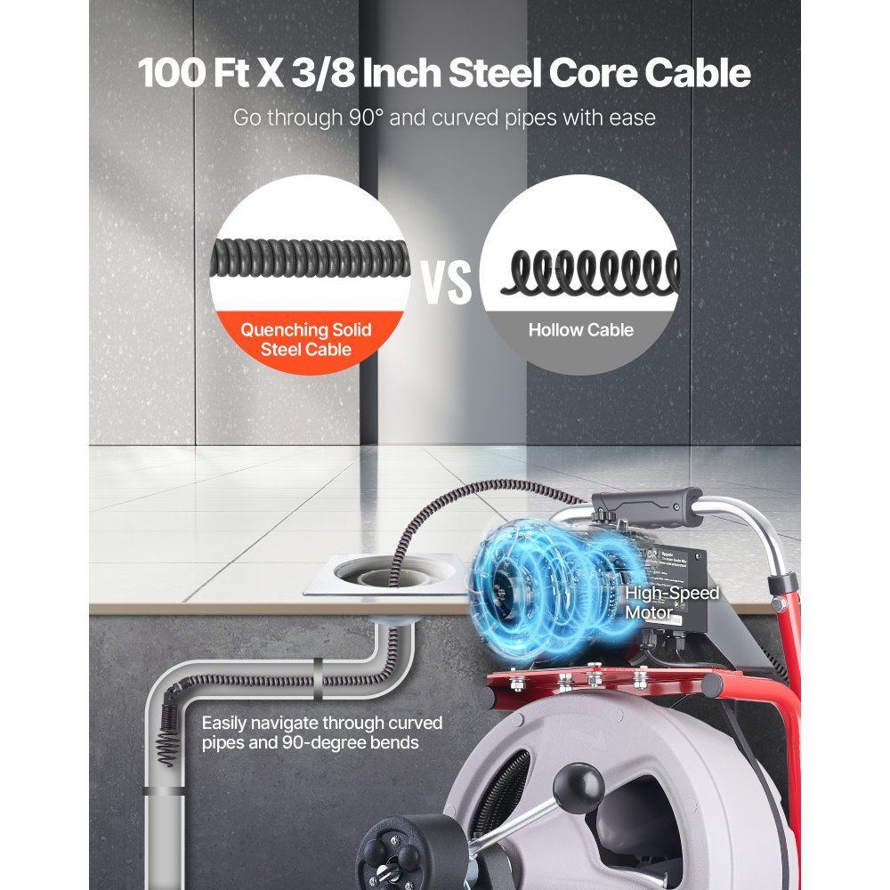 VEVOR Rohrreinigungsmaschine 30 m x 9,5 mm, Rohrreinigungsgerät mit Automatischem Vorschub, 8 Schneidwerkzeugen & Pneumatischem Fußschalter, Rohrreiniger für Rohrdurchmesser von 50 bis 100 mm
