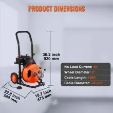 VEVOR Abflussreiniger Elektrische Rohrreinigung 220V Rohrreiniger 30mx12,7mm StahlKabel Rohrreinigungsspirale 1500U/min Leerlaufdrehzahl