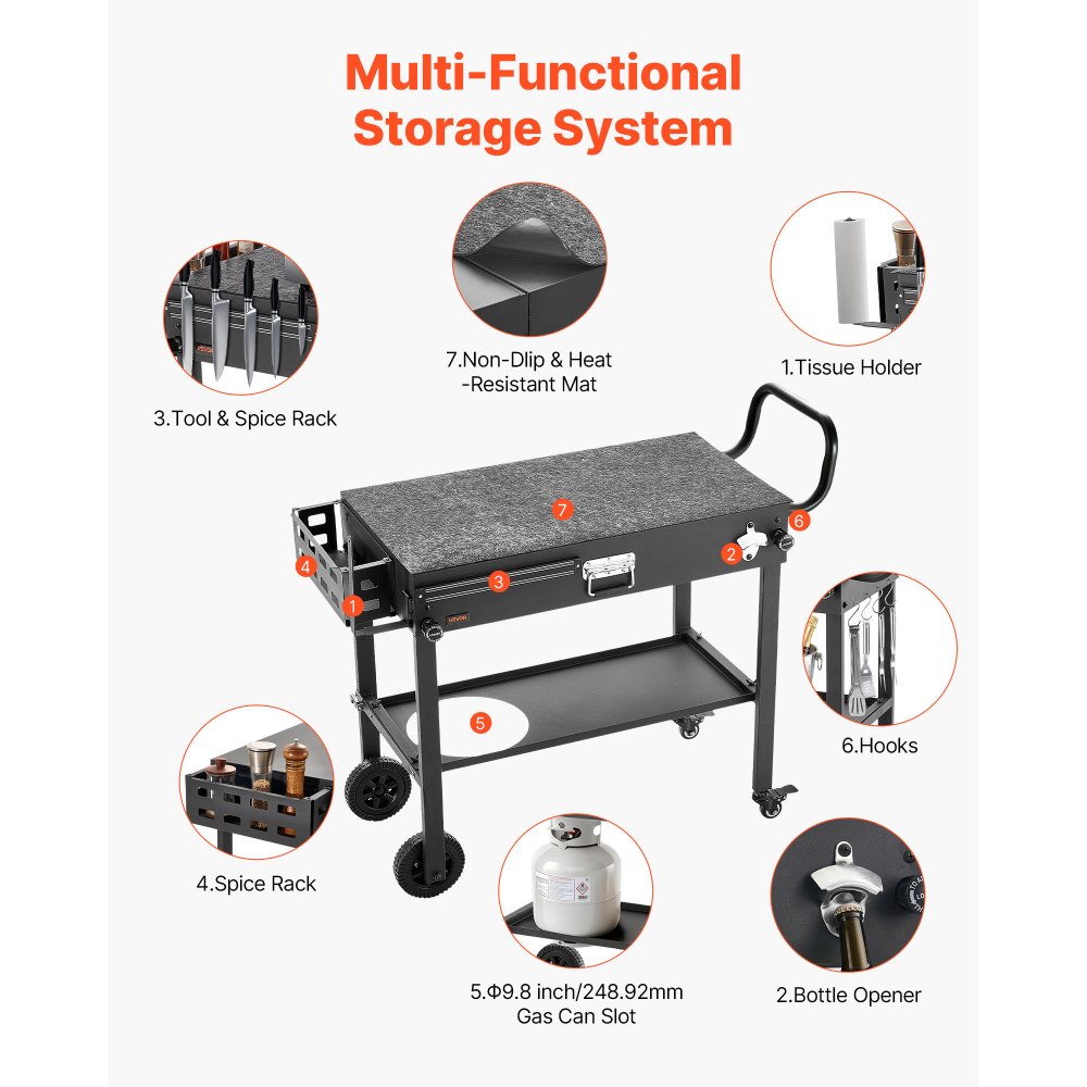VEVOR Grillwagen Outdoor 787x432 mm (Tischplattengröße), Klappbarer Grilltisch mit Taschentuchhalter & Rädern & magnetischer Werkzeugablage, Grillvorbereitungstisch Servierwagen für Picknick Küche
