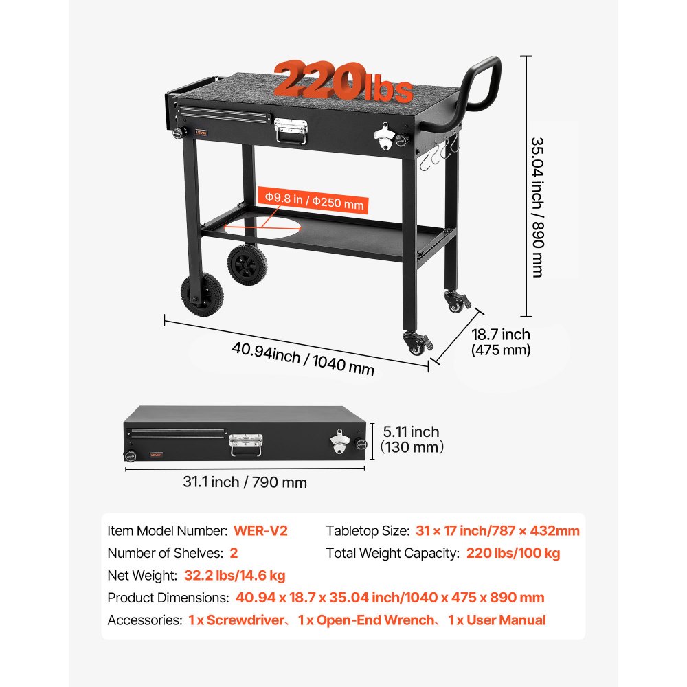 VEVOR Grillwagen Outdoor 787x432 mm (Tischplattengröße), Klappbarer Grilltisch mit Taschentuchhalter & Rädern & magnetischer Werkzeugablage, Grillvorbereitungstisch Servierwagen für Picknick Küche