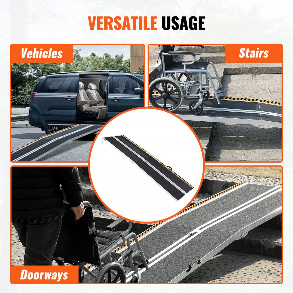 VEVOR Tragbare Rollstuhlrampe 3 m 363 kg Tragkraft rutschfeste Aluminium-Klappschwellenrampe faltbare Rollstuhlrampe für Mobilitätsroller Behindertenrampe für Hausstufen Treppen Türen Bordsteine