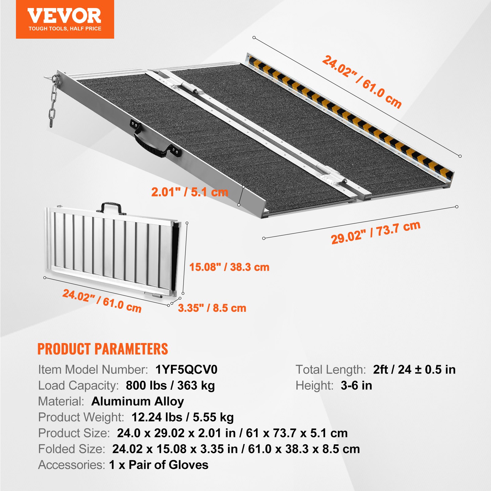 VEVOR Portable Wheelchair Ramp, 60.96 cm, 363 kg Capacity, Non-Slip, Foldable Aluminum Threshold Ramp, Folding Ramp for Mobility Scooters, Wheelchair Ramp, Home Steps, Stairs, Curbs
