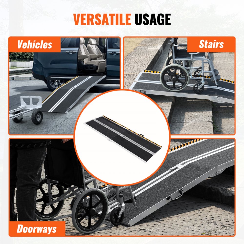 VEVOR Tragbare Rollstuhlrampe 2,44 m 363 kg Tragkraft rutschfeste Aluminium-Klappschwellenrampe faltbare Rollstuhlrampe für Mobilitätsroller Behindertenrampe für Hausstufen Treppen Türen Bordsteine