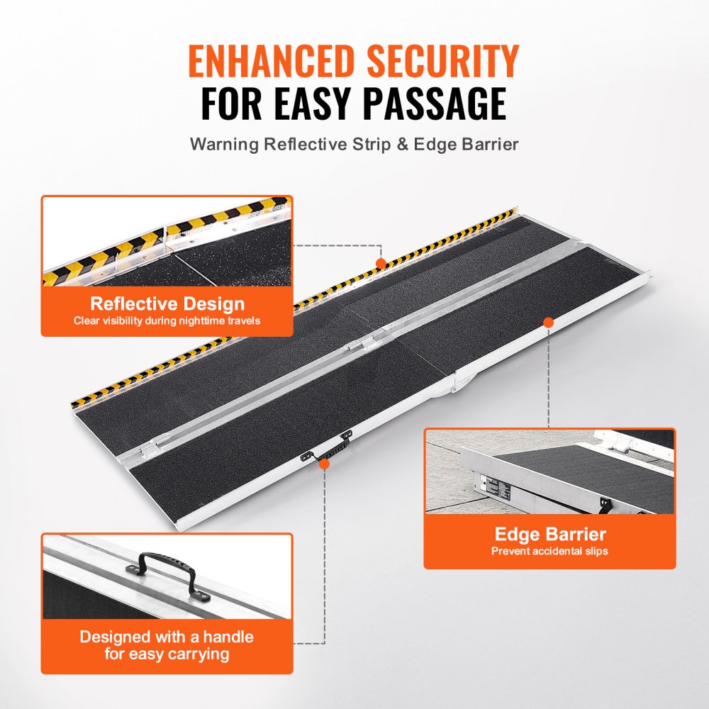 VEVOR Portable Wheelchair Ramp 2.44 m 363 kg Load Capacity Non-Slip Aluminum Folding Threshold Ramp Foldable Wheelchair Ramp for Mobility Scooters Disabled Person's Ramp for House Steps Stairs Doors Curbs