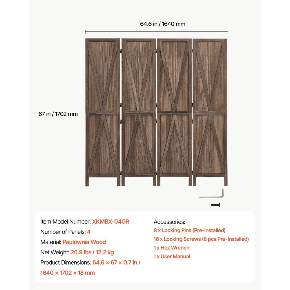 VEVOR Wood Room Divider 4 Panels Wood Folding Privacy Screen X Pattern, For Room Separation & Home Decor, 1702 mm Tall, Solid Frame, 360° Two-Way Hinges, Rustic Wooden Partition with Hardware