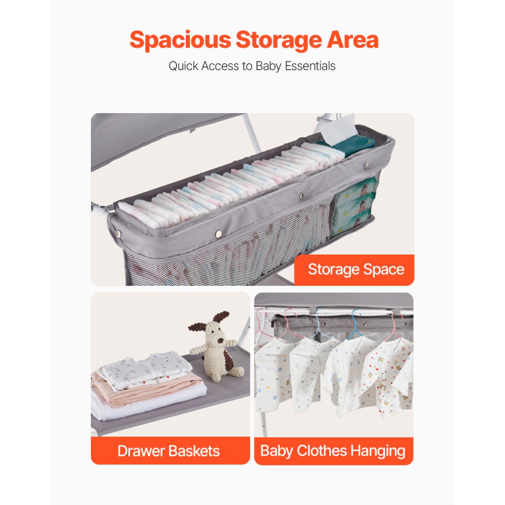 VEVOR Wickeltisch faltbare Wickelstation mit 2 Stoffschubladen & Seitenkorb & Kleiderstange, höhenverstellbarer tragbarer Wickelkombi mit feststellbaren Rädern, multifunktional Kinderzimmer hellgrau