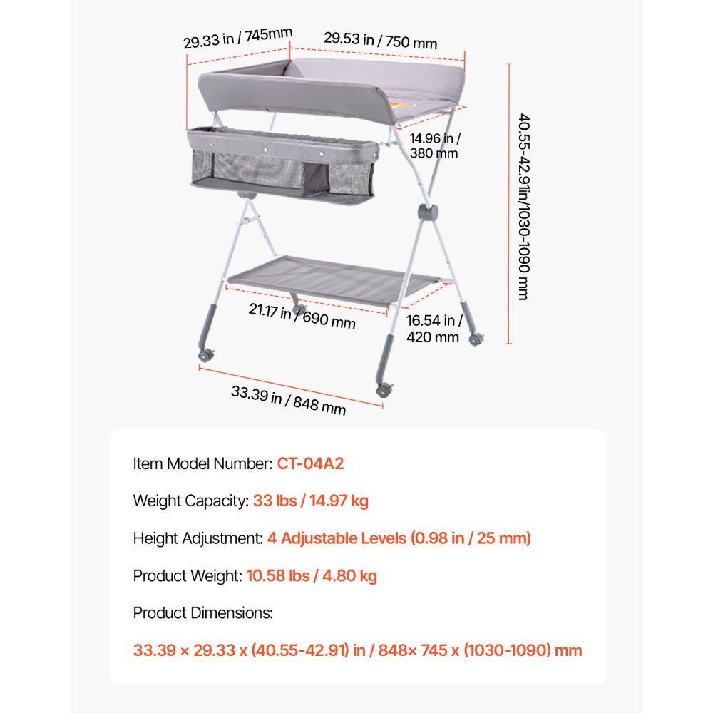VEVOR Baby Changing Table, Foldable Diaper Change Station with Side Basket, Adjustable Height Portable Changing Table with Lockable Wheels, Multi-Functional Storage Organizer Nursery, Light Gray