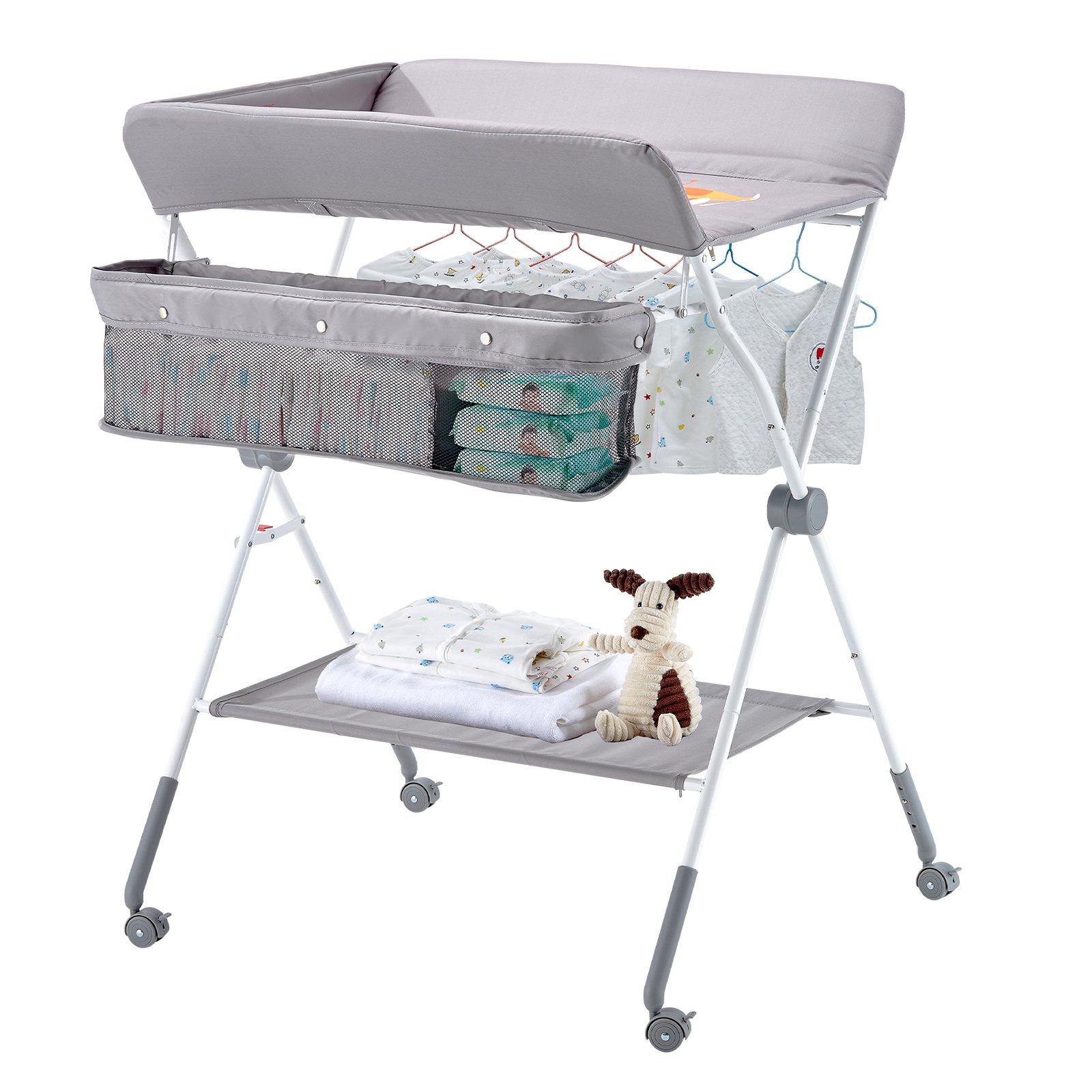 VEVOR Baby Changing Table, Foldable Diaper Change Station with Side Basket, Adjustable Height Portable Changing Table with Lockable Wheels, Multi-Functional Storage Organizer Nursery, Light Gray
