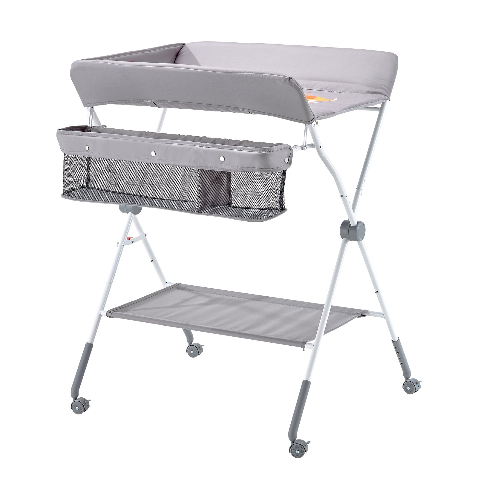 VEVOR Baby Changing Table, Foldable Diaper Change Station with Side Basket, Adjustable Height Portable Changing Table with Lockable Wheels, Multi-Functional Storage Organizer Nursery, Light Gray