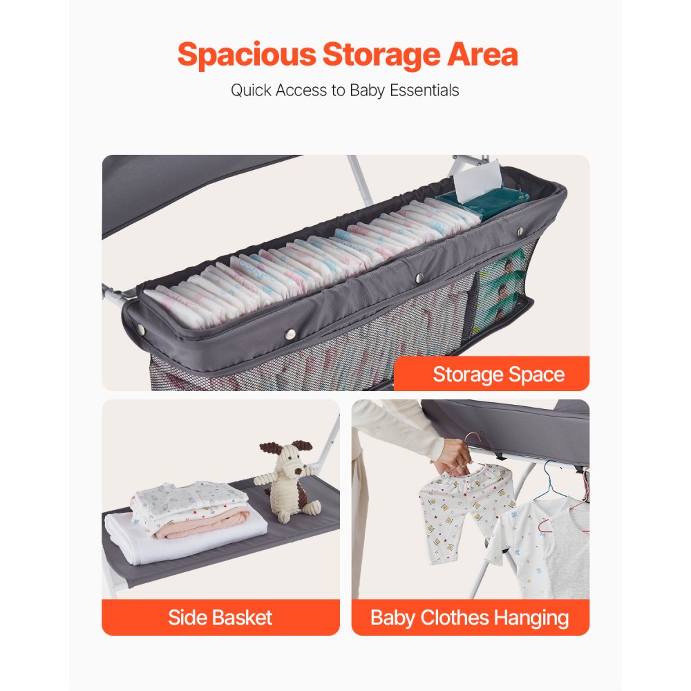 VEVOR Wickeltisch, faltbare Wickelstation mit Seitenkorb, höhenverstellbarer tragbarer Wickeltisch mit feststellbaren Rädern, multifunktionaler Aufbewahrungs-Organizer fürs Kinderzimmer, dunkelgrau