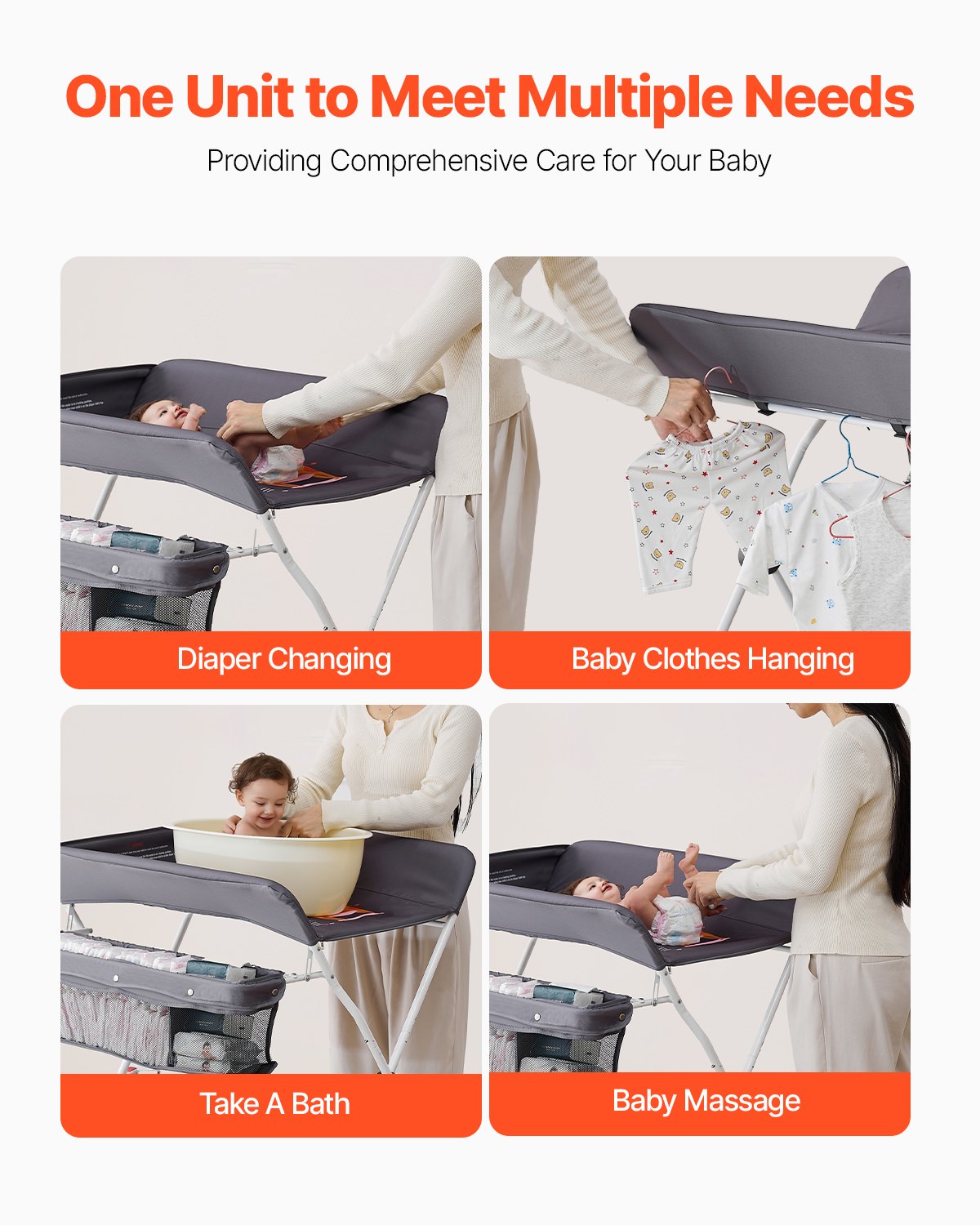 VEVOR Wickeltisch, faltbare Wickelstation mit Seitenkorb, höhenverstellbarer tragbarer Wickeltisch mit feststellbaren Rädern, multifunktionaler Aufbewahrungs-Organizer fürs Kinderzimmer, dunkelgrau