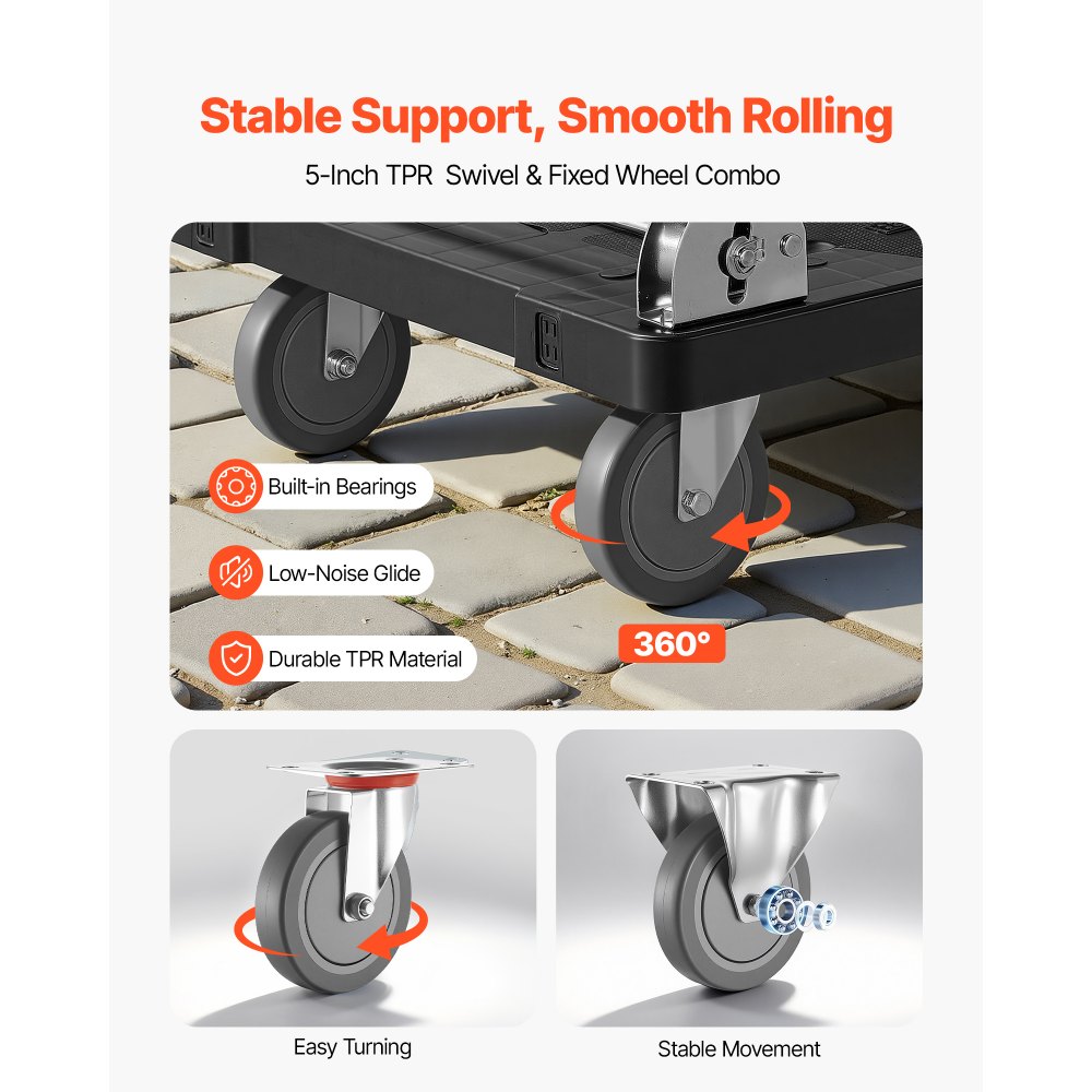 VEVOR Foldable Push Cart Dolly, 453.59 kg Capacity, Folding Platform Truck with Swivel Wheels, Moving Platform Hand Truck Flatbed Cart, Space Saving Push Handle, for Easy Storage, 895 x 595 x 850 mm