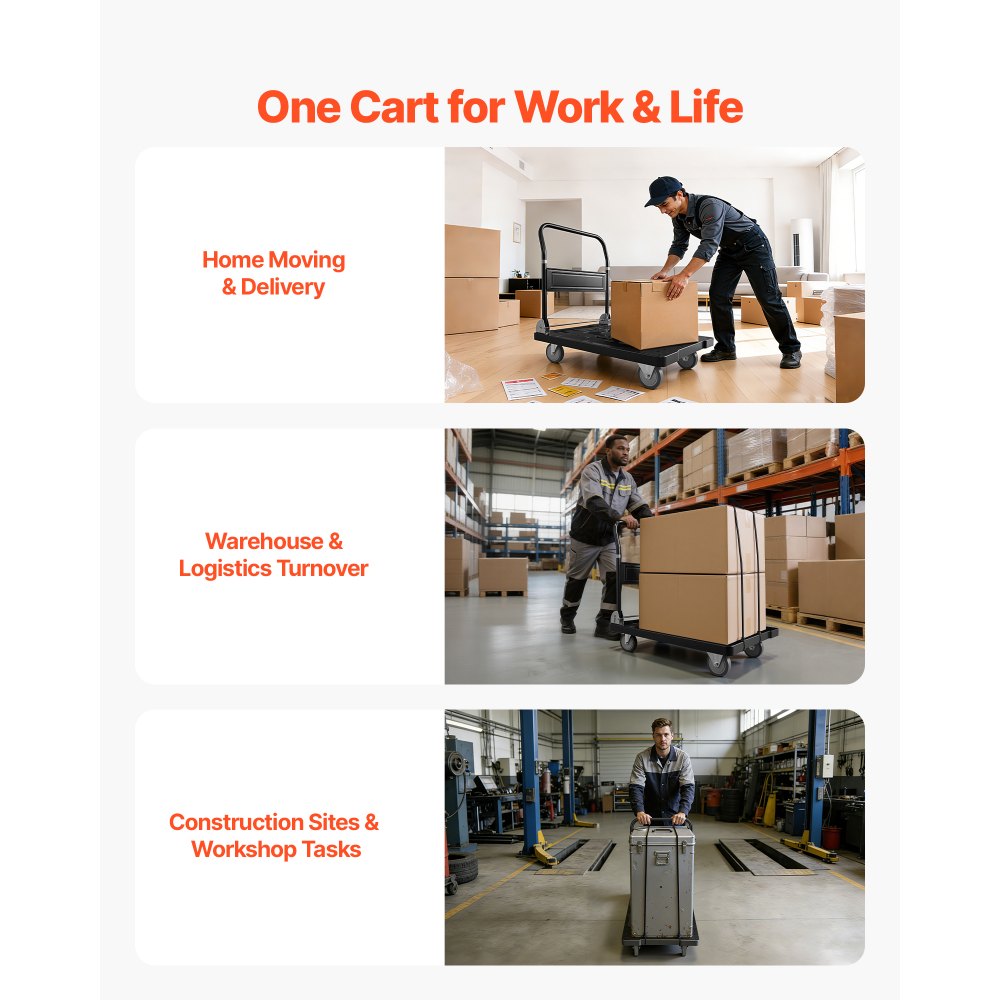 VEVOR Foldable Push Cart Dolly, 453.59 kg Capacity, Folding Platform Truck with Swivel Wheels, Moving Platform Hand Truck Flatbed Cart, Space Saving Push Handle, for Easy Storage, 895 x 595 x 850 mm