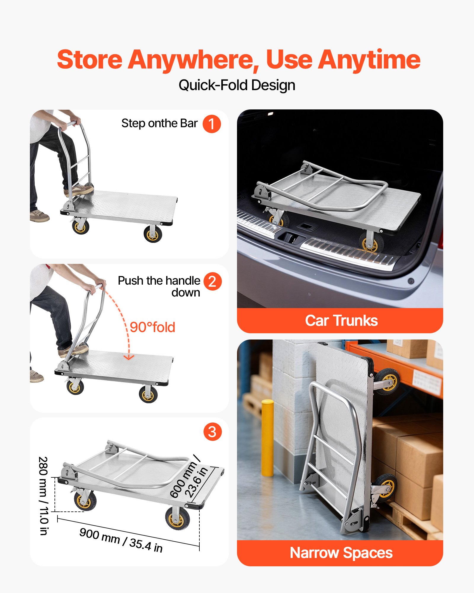 VEVOR Platform Truck, 907.18 kg Capacity, Heavy Duty Steel Flatbed Cart with Swivel Wheels and Handle, Foldable Platform Hand Push Truck Dolly, for Groceries, Garage, Warehouse, 900 x 600 x 900 mm