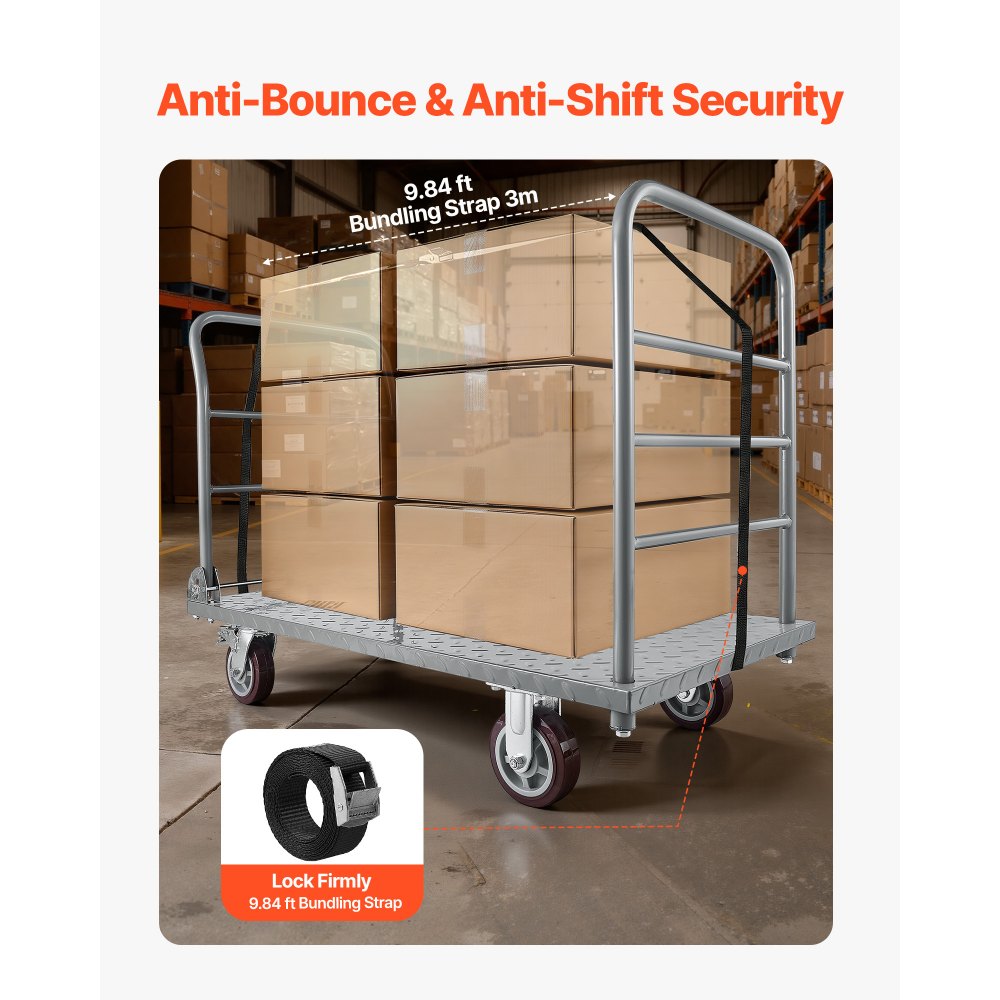 VEVOR Platform Truck, 1202.02 kg Capacity, Heavy Duty Flatbed Cart Dolly with Detachable Guardrail and Swivel Wheels, Foldable Hand Push Truck, for Groceries, Garage, Warehouse, 1220 x 610 x 920 mm