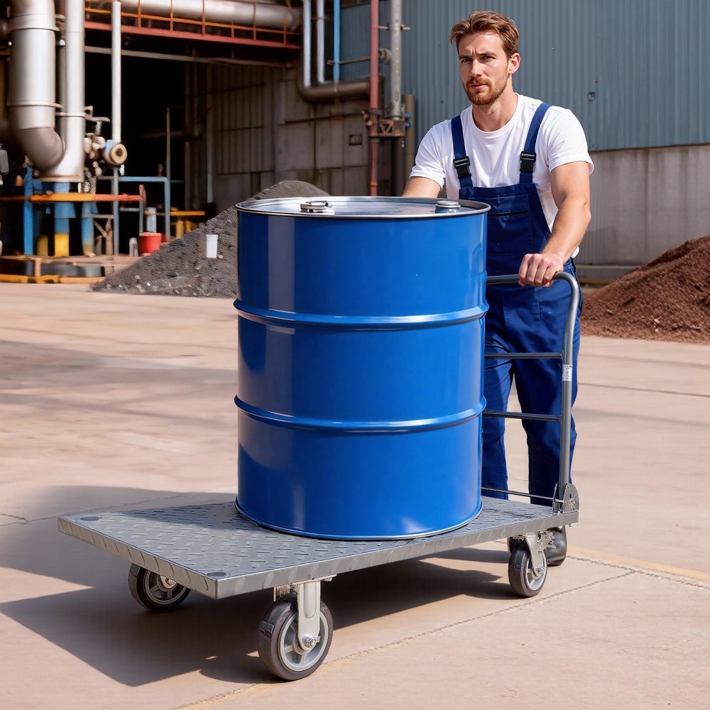 VEVOR Platform Truck, 1202.02 kg Capacity, Heavy Duty Flatbed Cart Dolly with Detachable Guardrail and Swivel Wheels, Foldable Hand Push Truck, for Groceries, Garage, Warehouse, 1220 x 610 x 920 mm