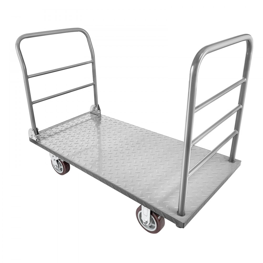 VEVOR Platform Truck, 1202.02 kg Capacity, Heavy Duty Flatbed Cart Dolly with Detachable Guardrail and Swivel Wheels, Foldable Hand Push Truck, for Groceries, Garage, Warehouse, 1220 x 610 x 920 mm