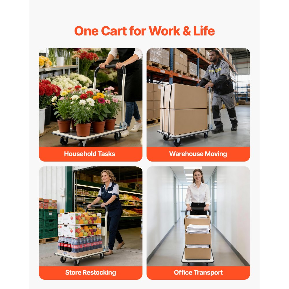 VEVOR Foldable Push Cart Dolly, 149.69 kg Capacity, Folding Platform Truck with Swivel Wheels, Moving Platform Hand Truck Flatbed Cart, Space Saving Push Handle, for Easy Storage, 735 x 480 x 825 mm