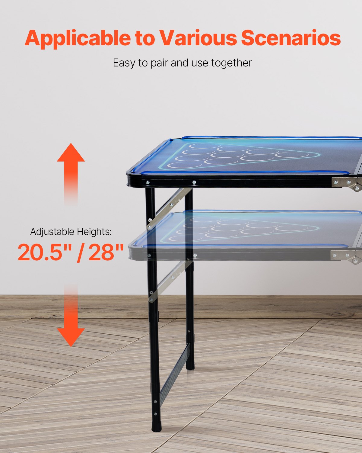 VEVOR tragbarer Beer Pong Tisch (240 x 60 x 52/70 cm), Beerpong Tisch mit Tragegriffen & 6 Pong-Bällen & LED-Beleuchtung, hoheneinstellbarer Heckklappentisch für Büro Reisen Camping