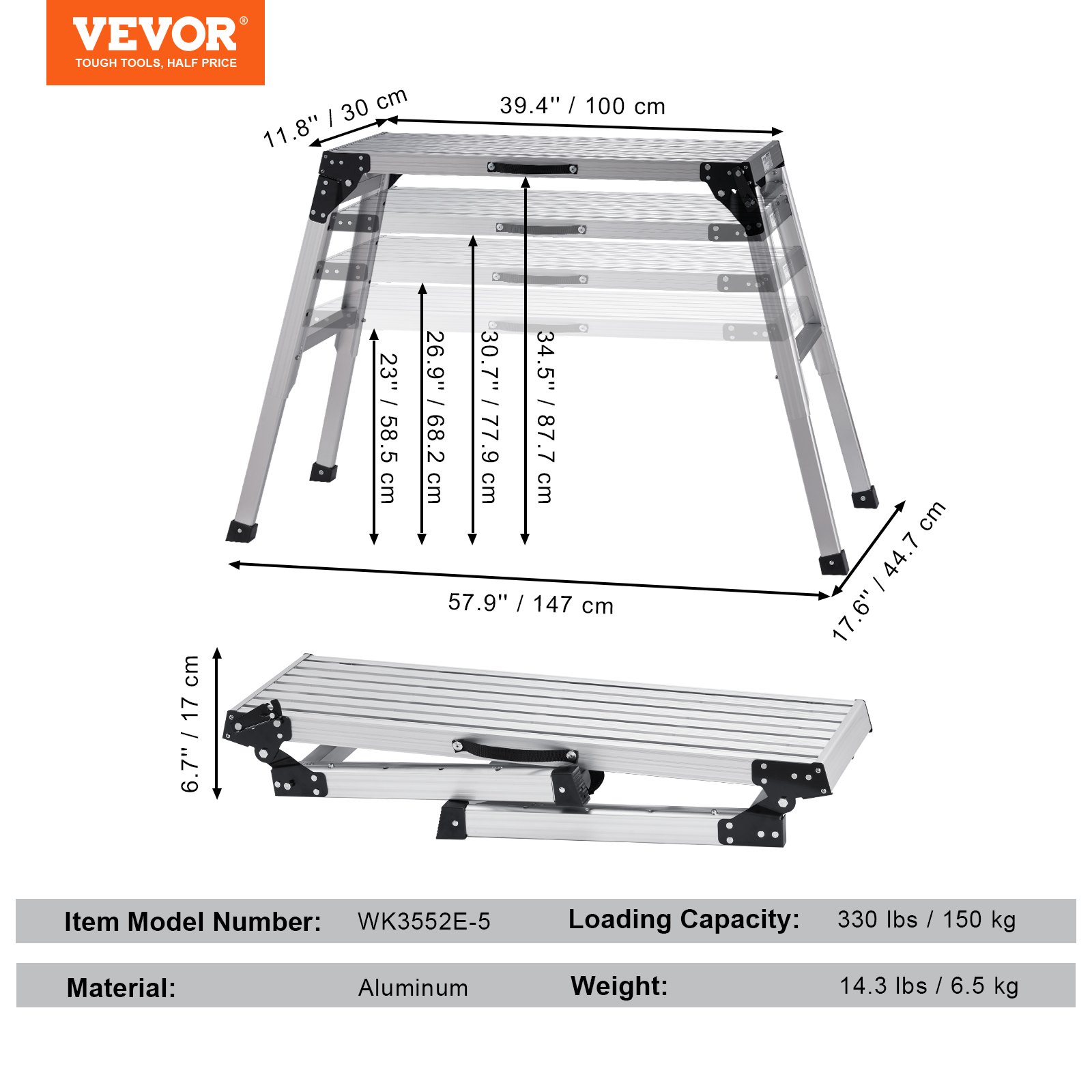 VEVOR Alu Arbeitsplattform  Klappwerkbank 100x30x87,7cm Arbeitsbühne 150kg Tragfähigkeit Trittbank höhenverstellbar 58,5-87,7Trittleiter für Zuhause Büro Werkstatt & Garage Silber