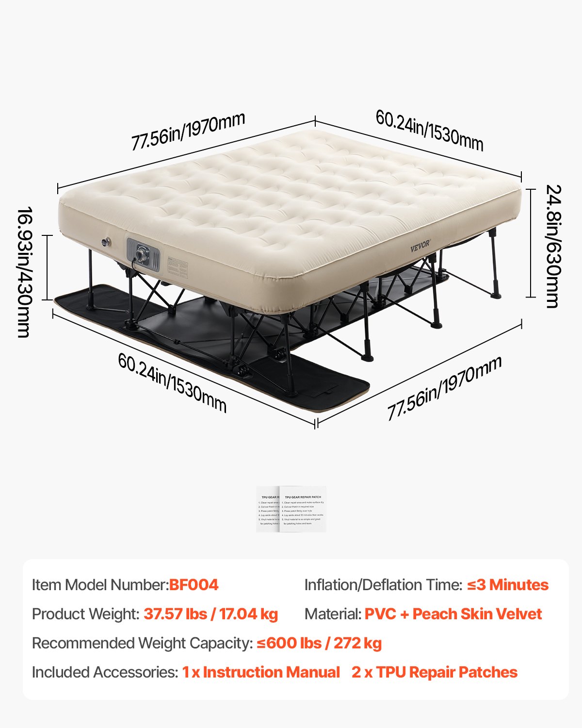 VEVOR Luftmatratze mit Rahmen 197x153x63 cm, aufblasbares Campingbett für 2 Personen mit eingebauter Pumpe, tragbare Luftbetten tragen 272 kg, überall aufblasbares Bett für Gäste beim Camping, Reisen