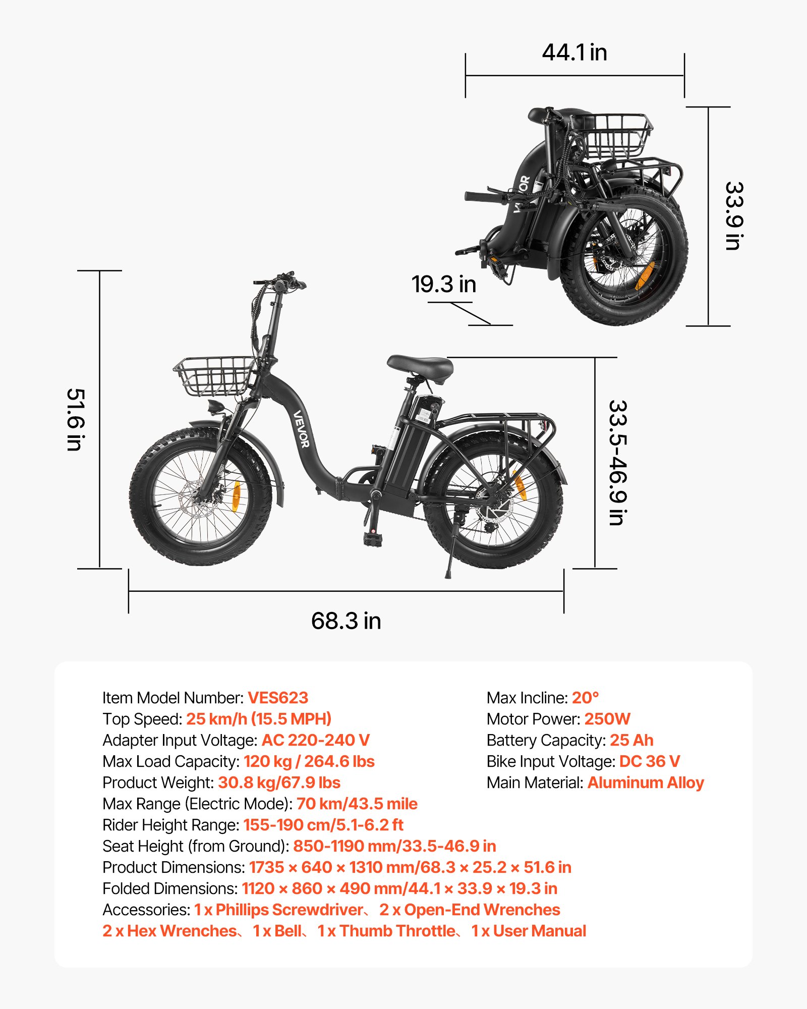 VEVOR Elektrofahrrad 250 W für Erwachsene mit großem, herausnehmbarem 25 Ah-Akku, bürstenlosem 36 V-Motor mit 25 km/h, bis zu 70 km maximale Reichweite, pneumatischem E-Bike mit 7-Gang-Schaltung