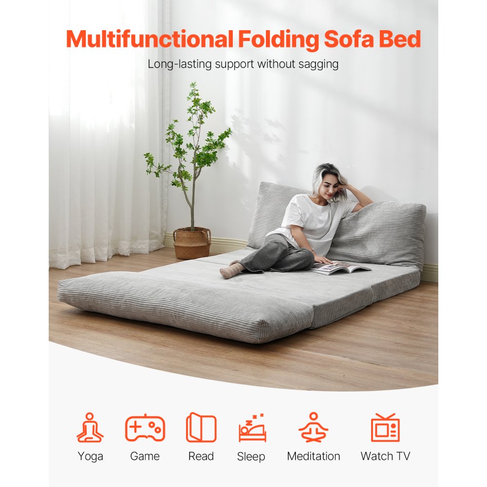 VEVOR 3 in 1 Klappsofa faltbares Schlafsofa mit 2 Kissen & waschbarem Bezug, umwandelbarer Schlafsessel aus 25D Memory Foam, Couch für Wohnzimmer Schlafzimmer, Hellgrau (Full / 2410 x 1360 x 120 mm)