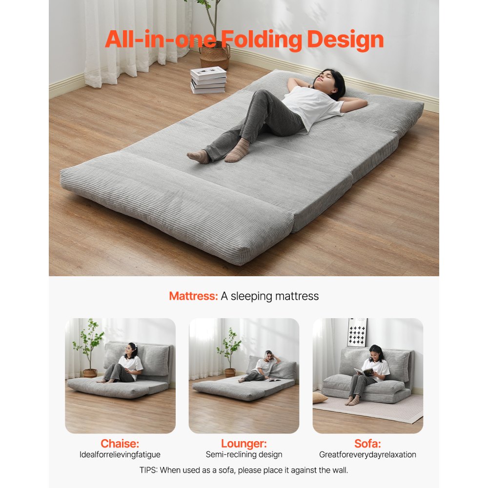 VEVOR 3 in 1 Klappsofa faltbares Schlafsofa mit 2 Kissen & waschbarem Bezug, umwandelbarer Schlafsessel aus 25D Memory Foam, Couch für Wohnzimmer Schlafzimmer, Hellgrau (Full / 2410 x 1360 x 120 mm)