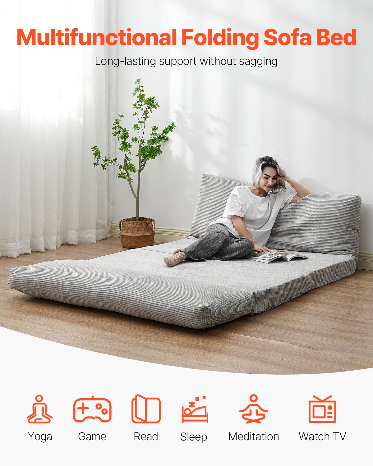 VEVOR 3 in 1 Folding Sofa Bed with 2 Cushions & Washable Cover, Convertible Sleeper Chair Made of 25D Memory Foam, Couch for Living Room Bedroom, Light Gray (Full / 2410 x 1360 x 120 mm)