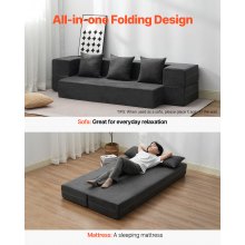 VEVOR Schlafsofa Klappsofa 3 in 1 Faltbare Couch mit 3 Kissen Dunkelgrau (TWIN)