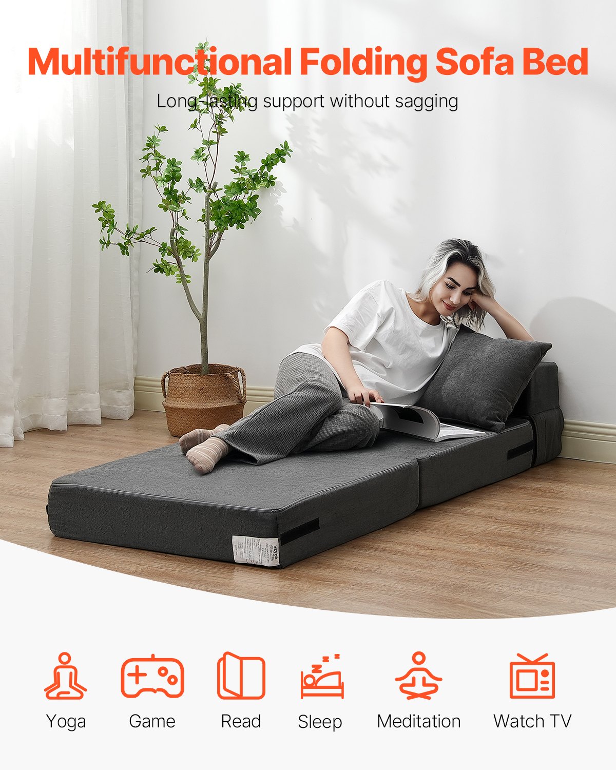 VEVOR 3 in 1 Klappsofa faltbares Schlafsofa mit 2 Kissen & waschbarem Bezug, umwandelbarer Schlafsessel aus 25D Memory Foam, Bettcouch für Wohnzimmer Schlafzimmer, Dunkelgrau (Einzelbett)