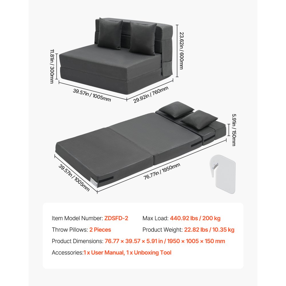 VEVOR 3 in 1 Klappsofa faltbares Schlafsofa mit 2 Kissen & waschbarem Bezug, umwandelbarer Schlafsessel aus 25D Memory Foam, Couch für Wohnzimmer Schlafzimmer, Dunkelgrau (TWIN XL / 1950x1005x150mm)