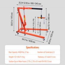 VEVOR Motorheber Motorkran 2t, Werkstattkran + Nivellierer für Motorheber 680 kg, Klappbarer Motorhalter Hochleistungsstahl Motorkran, Werkstatt Kran Getriebeheber Hebekran Ladekran Orange + Schwarz