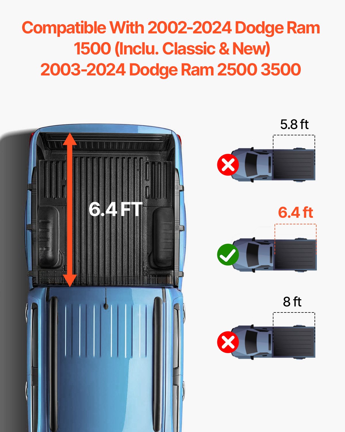 VEVOR Vierfach faltbare Ladeflächenabdeckung, kompatibel mit Dodge Ram 1500 (inkl. Classic und New) von 2002–2024, Dodge Ram 2500 3500 (inkl. Classic und New), Fleetside 6,4' (76,3") Ladefläche
