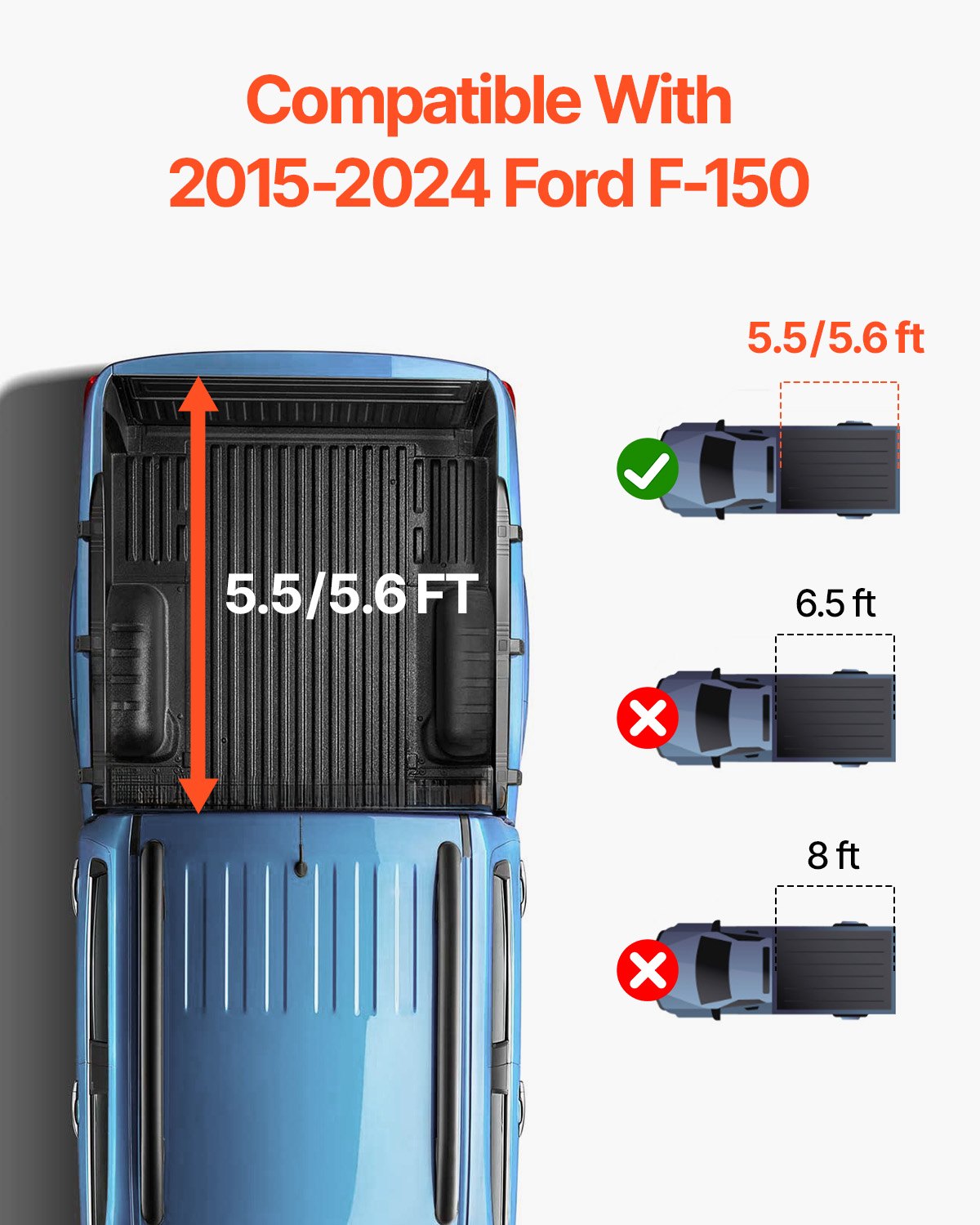VEVOR Dreifach faltbare Ladeflächenabdeckung, Kompatibel mit 2015-2024 Ford F-150, Lightning, Styleside 5,5' (65,4") Ladefläche, Passend für 5,6' x 5,4'/5,5' x 5,4' (67,1" x 65,2"/65,4" x 65,2")