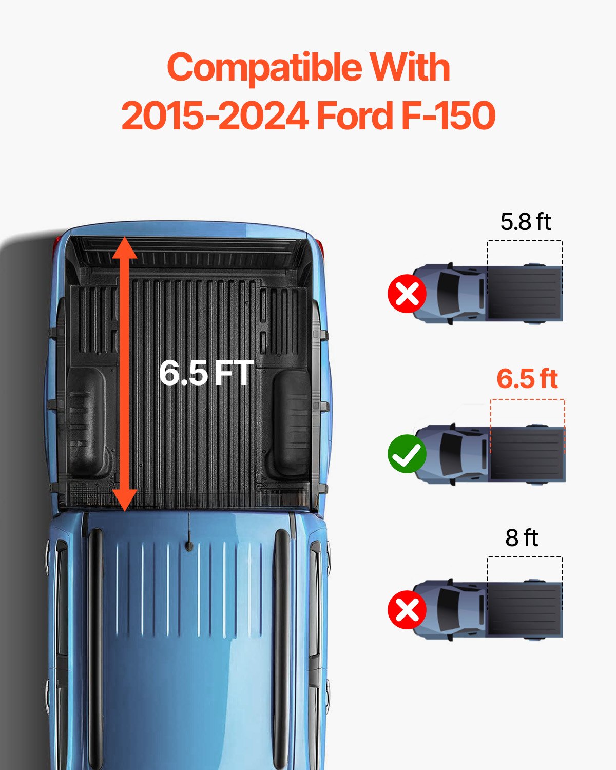 VEVOR Dreifach faltbare Ladeflächenabdeckung, Kompatibel mit 2015-2024 Ford F-150, 6,5' (79") Ladefläche, Passt nur zu 6,5' x 5,4' (79" x 65,2") Innenladefläche, 400 lbs Tragkraft, LED-Licht
