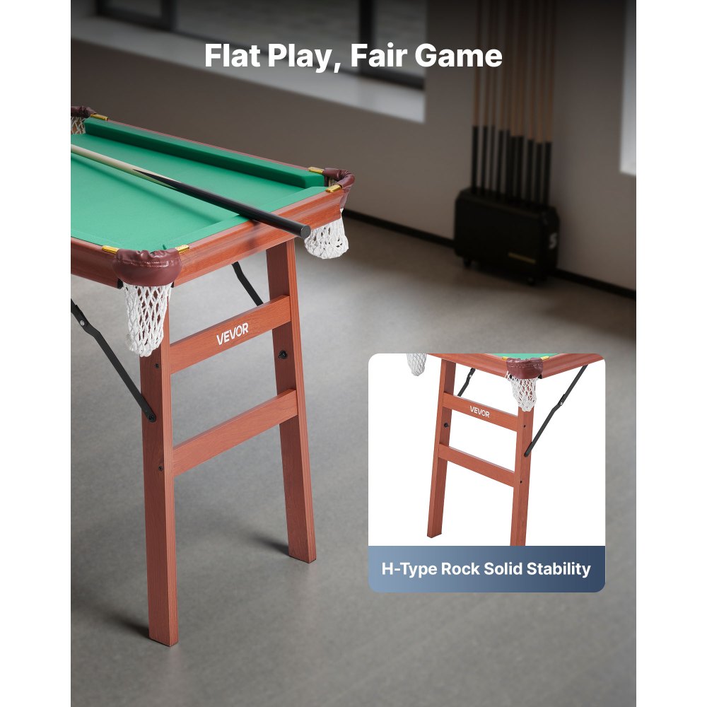 VEVOR klappbarer Billardtisch 140 cm tragbare Billardtische, faltbares, platzsparendes Unterhaltungsspielset, inklusive Ball/Queue/Rack/Kreide/Bürste, Braun mit grünem Tuch, für Freizeiträume