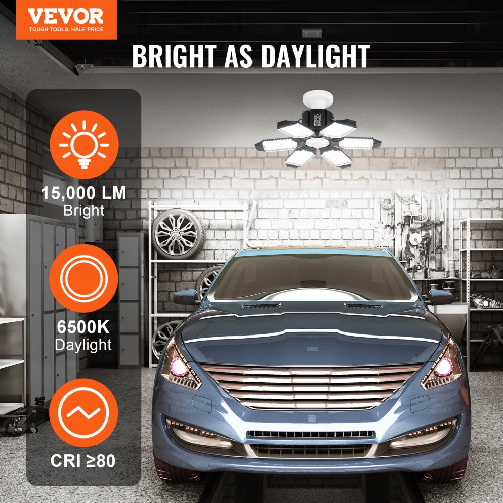 VEVOR 2er-Pack LED-Garagenleuchten, 15000 lm, 6500 K, Bewegungsmelder-Garagendeckenleuchte mit 6 verformbaren Lampen, E26/E27-Einschraub-Garagenbeleuchtung, superhelle Ladenleuchten für Keller, Lager