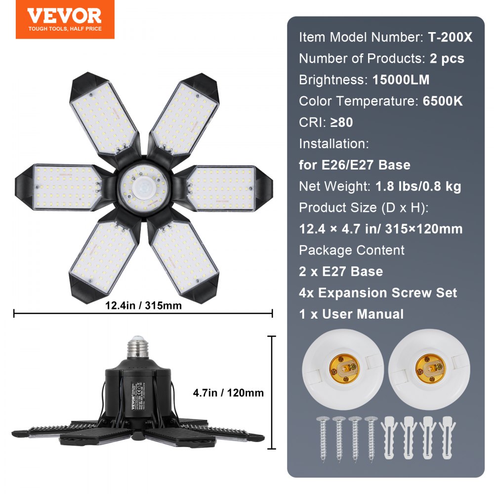 VEVOR 2er-Pack LED-Garagenleuchten, 15000 lm, 6500 K, Bewegungsmelder-Garagendeckenleuchte mit 6 verformbaren Lampen, E26/E27-Einschraub-Garagenbeleuchtung, superhelle Ladenleuchten für Keller, Lager