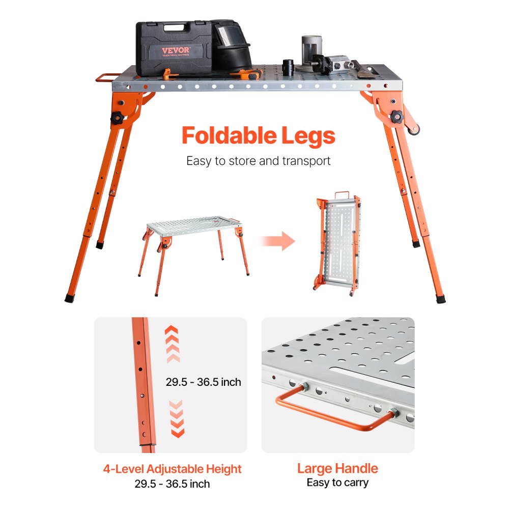 VEVOR Faltbarer Schweißtisch 533x1118mm, 226 kg Tragkraft, Werktisch mit 4-stufiger Höhenverstellung, Werkbank mit 6 Werkzeugschlitzen und 16mm Befestigungslöchern für Reparatur von Schweißbaugruppen